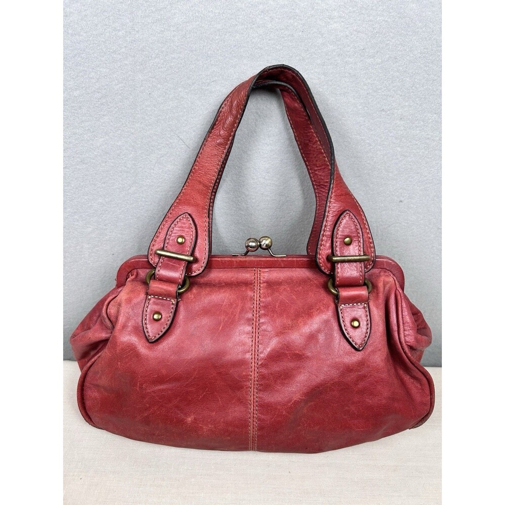VTG Soft Distressed Red Leather 1954 Fossil Kisslock top handles antique brass